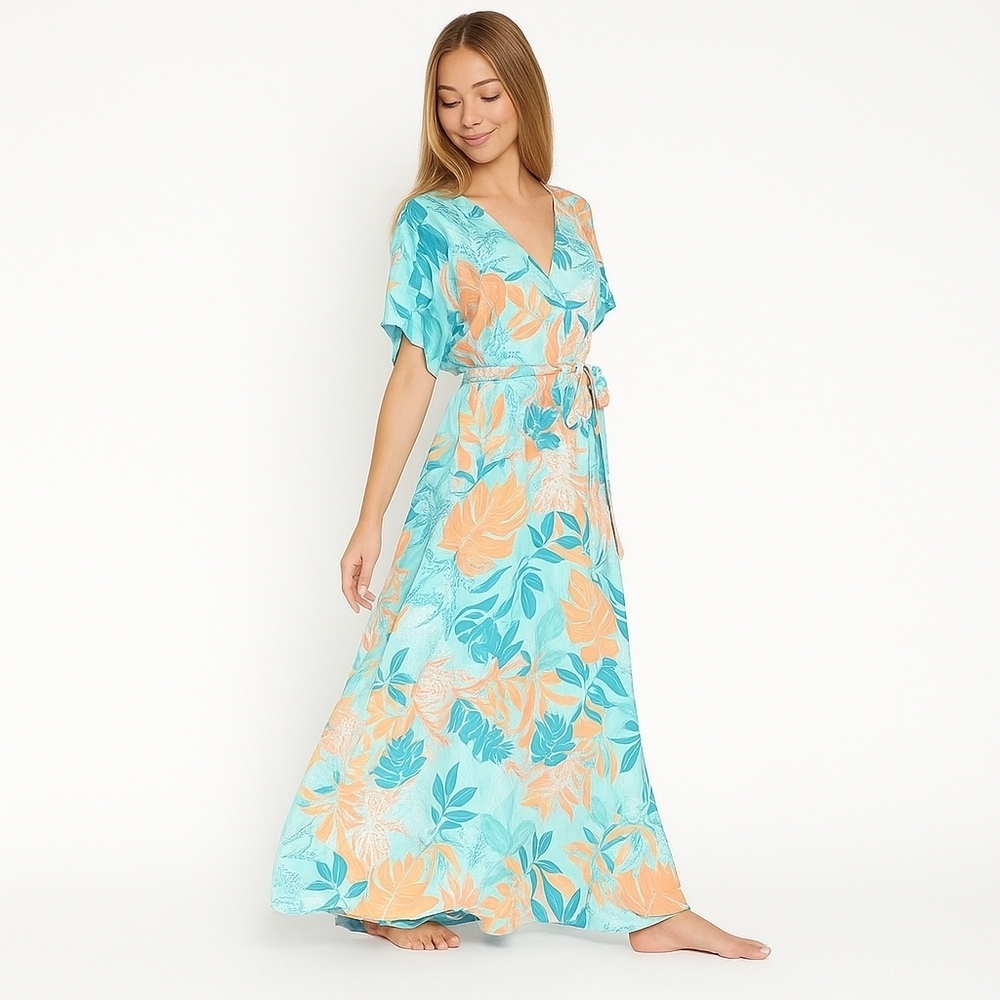 Anthropologie Aakaa A-line FLORAL Maxi, Peach/Teal,Womens Large